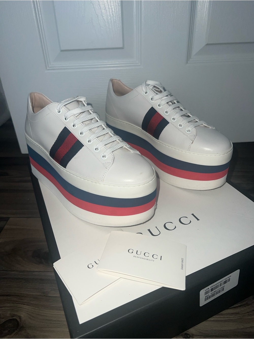 Authentic Gucci White Platform Sneakers with Red & Blue Stripes